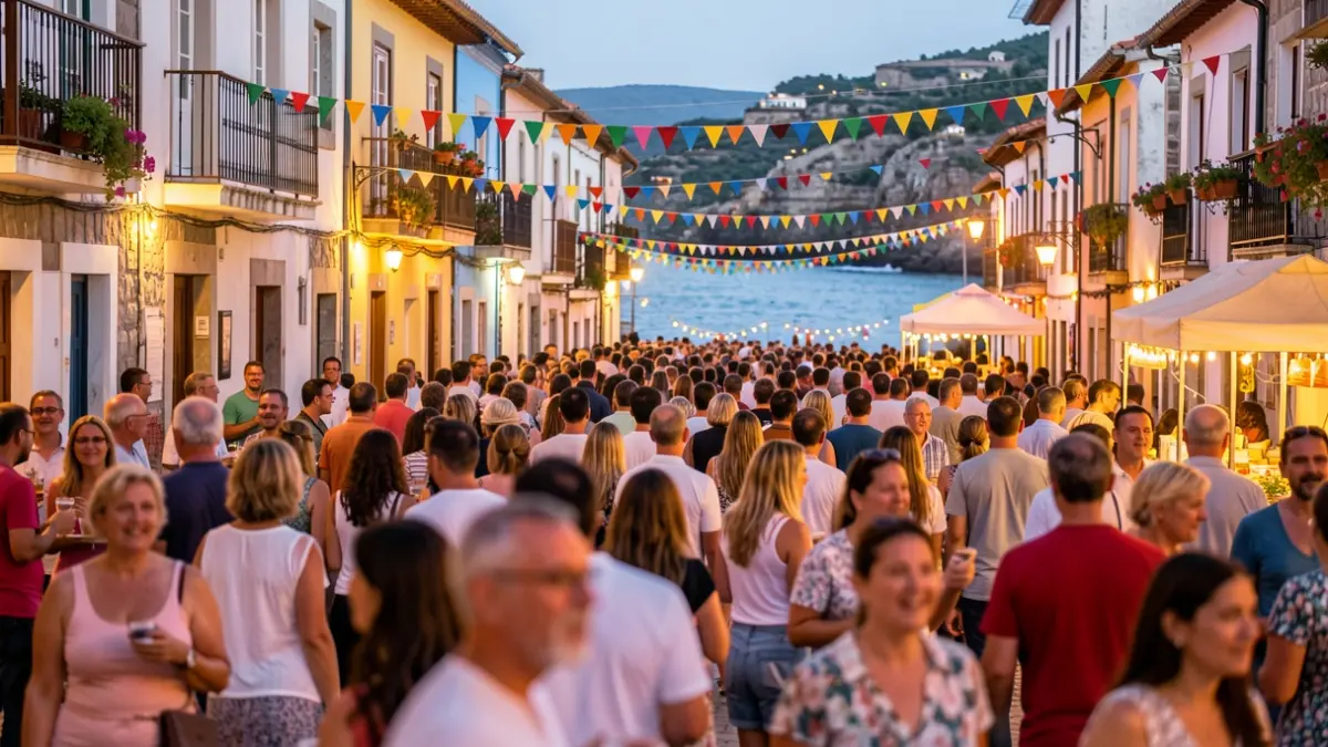 Imagen genérica de una calle festiva en un pueblo costero gallego con gente disfrutando del ambiente.
