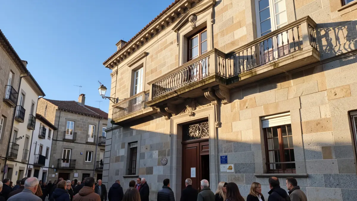 Imagen genérica de un ayuntamiento gallego de granito con balcón ornamentado y barandillas de hierro, a la luz del sol de la tarde.