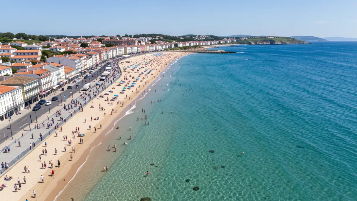 Vista aérea de la playa de Silgar en Sanxenxo, Galicia, con su paseo marítimo urbano y agua azul clara, en un día soleado de verano.
