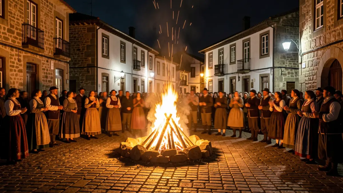 Imagen de una plaza tradicional gallega por la noche, con hoguera e iluminación dramática.