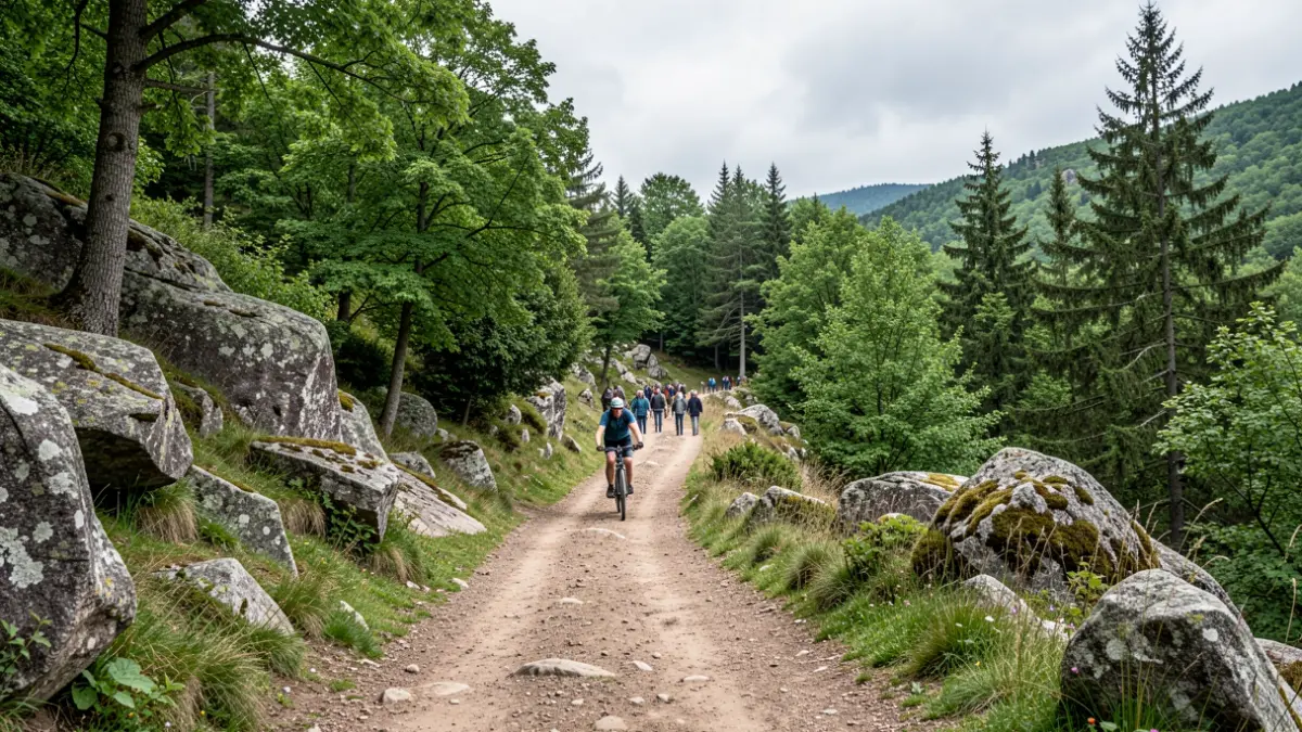 Imaxe xenérica dun sendeiro de bicicleta de montaña nun bosque galego.