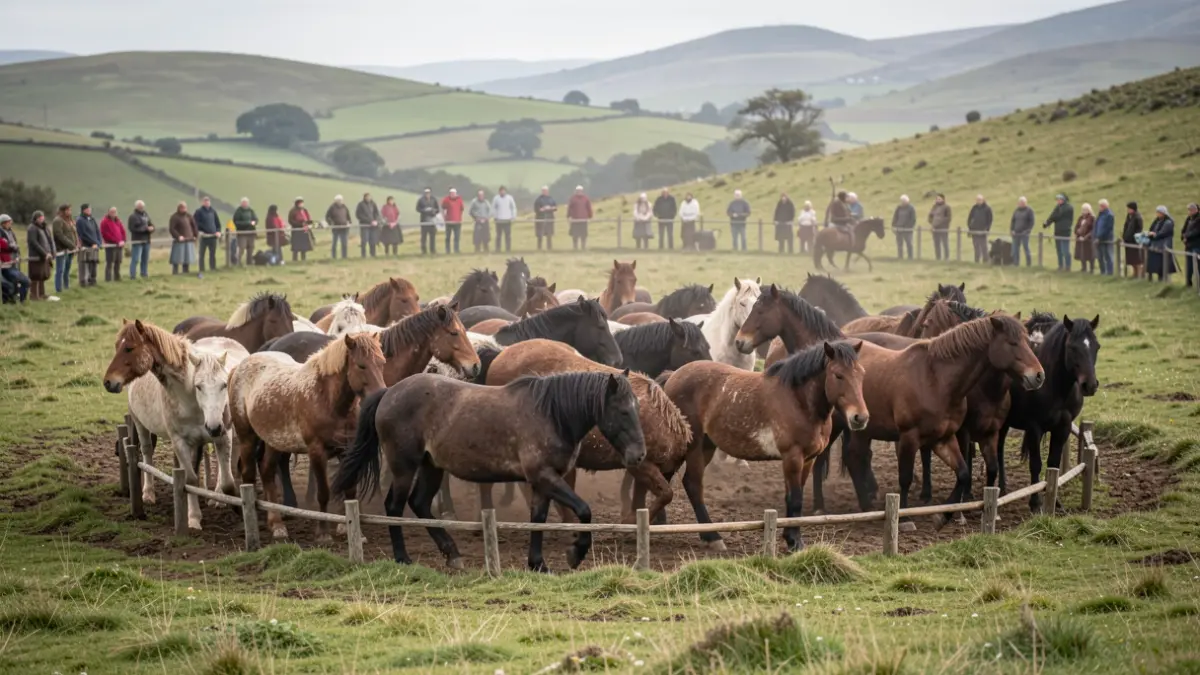 Imaxe dunha Rapa das Bestas no Monte Gagán, con cabalos salvaxes nun curro.