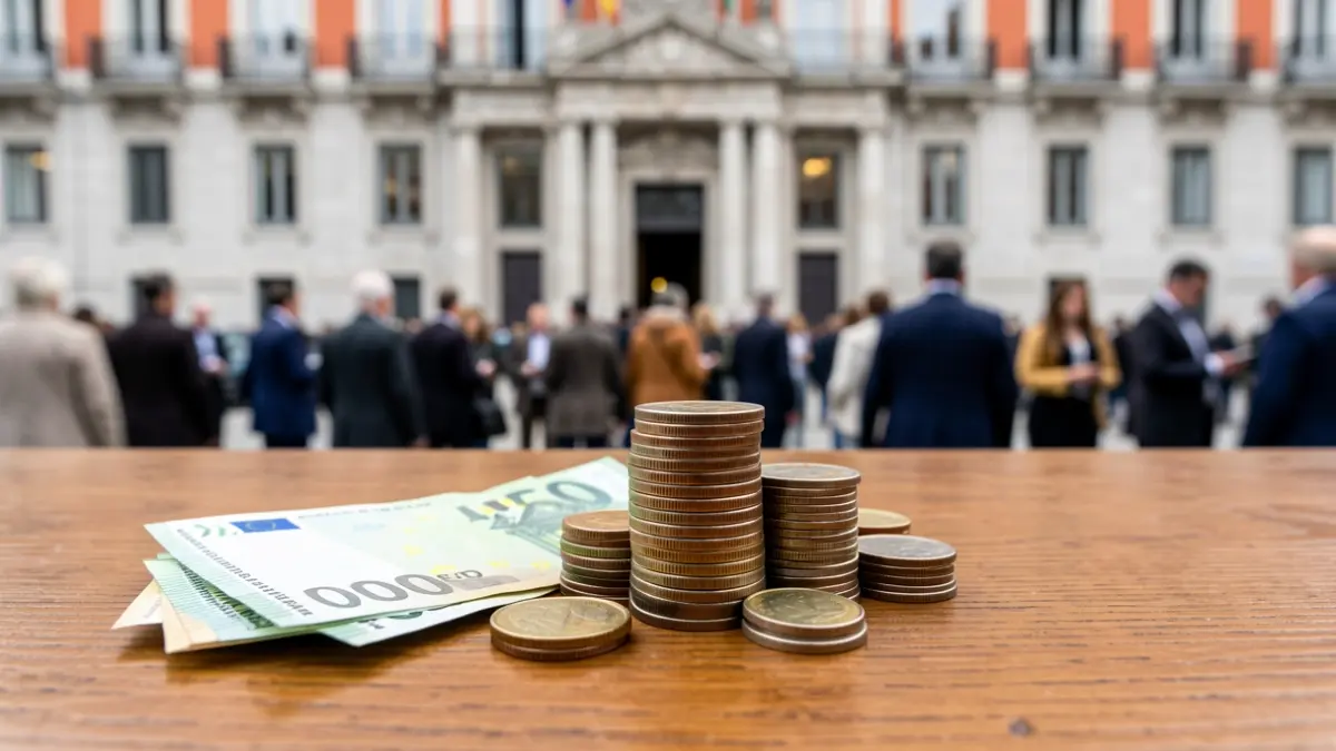 Imaxe xenérica de moedas e billetes de euro sobre unha mesa de madeira, cun edificio gobernamental español desenfocado ao fondo.