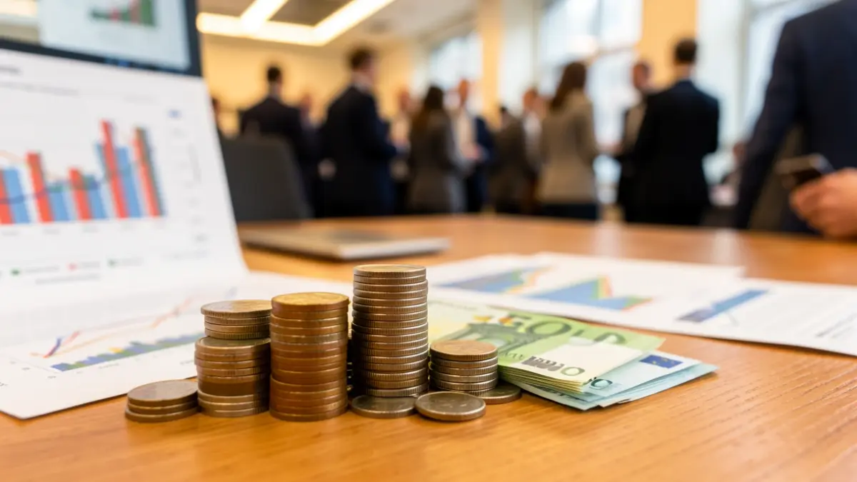 Imaxe xenérica de moedas e billetes de euro sobre unha mesa con gráficos financeiros borrosos.