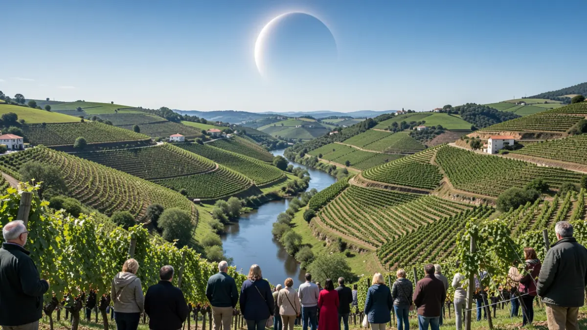 Imaxe xenérica de paisaxe da Ribeira Sacra con viñedos e un río, anticipando un eclipse.