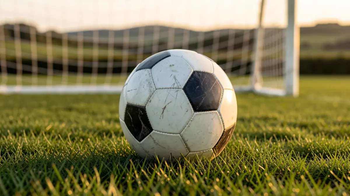 Imaxe xenérica dun balón de fútbol sobre herba cunha rede de meta borrosa ao fondo.
