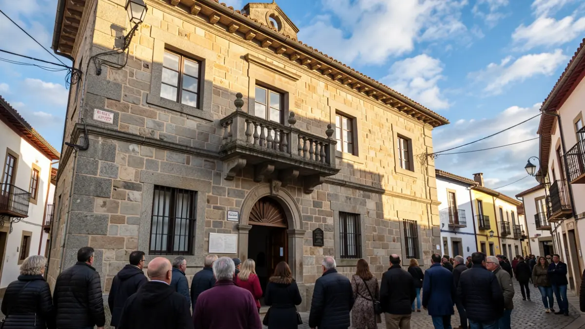 Fachada de un ayuntamiento tradicional gallego de granito con balcón ornamentado, a la luz del sol de la tarde.