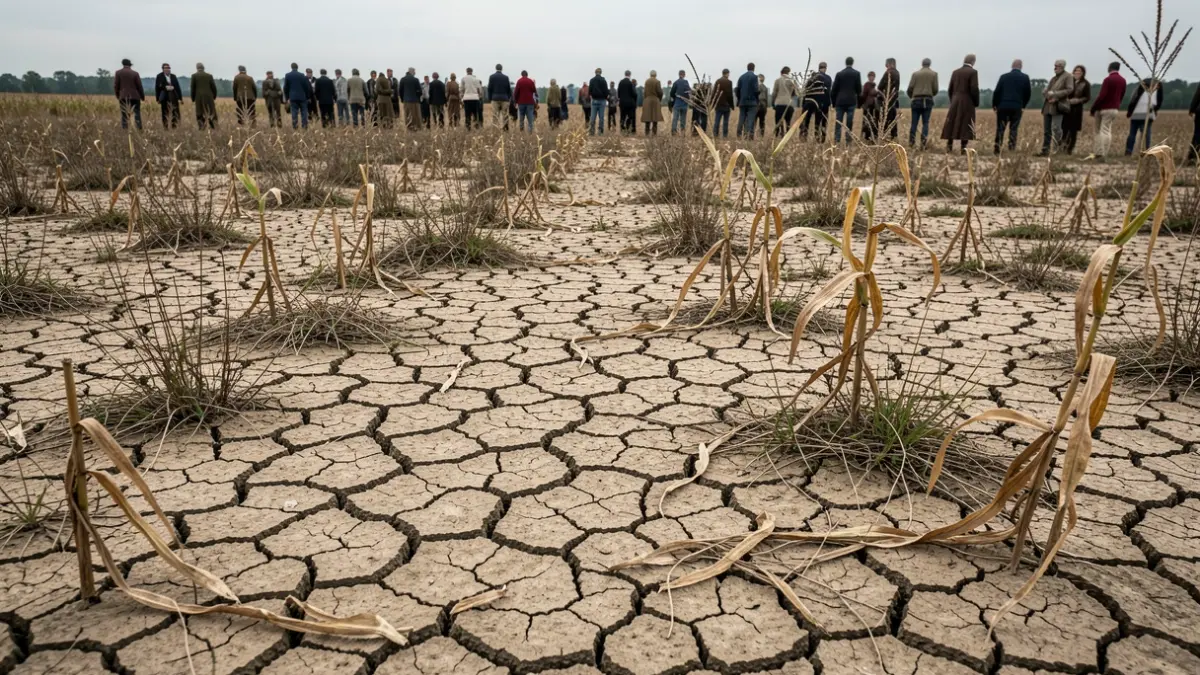 Imaxe xenérica de terra seca e agrietada con herba marchita e restos de millo.