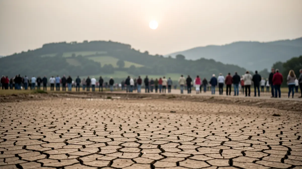 Imagen genérica de un lecho de río seco y agrietado bajo un cielo nublado, simbolizando la sequía.