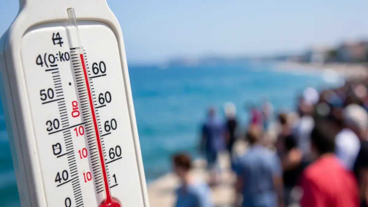 Imaxe xenérica dun termómetro mostrando unha temperatura alta, con auga azul borrosa ao fondo.