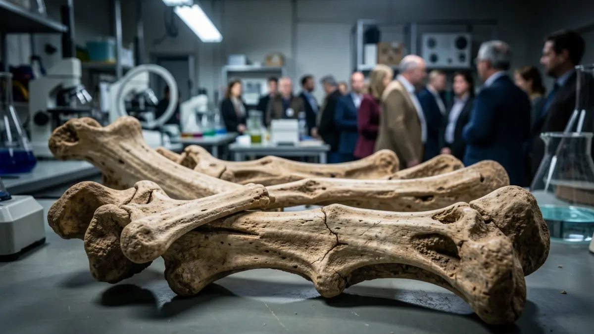 Primeira plana dun óso fósil de lince nun laboratorio.