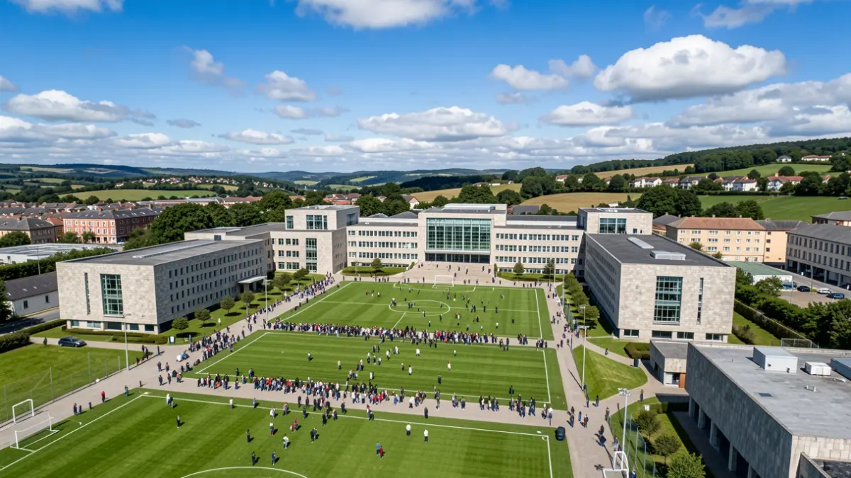 Imagen genérica de un campus universitario gallego con edificios de granito y campos deportivos.
