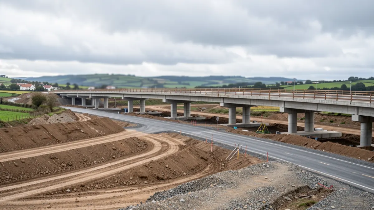 Imaxe xenérica de obras dunha infraestrutura viaria en construción en Galicia.