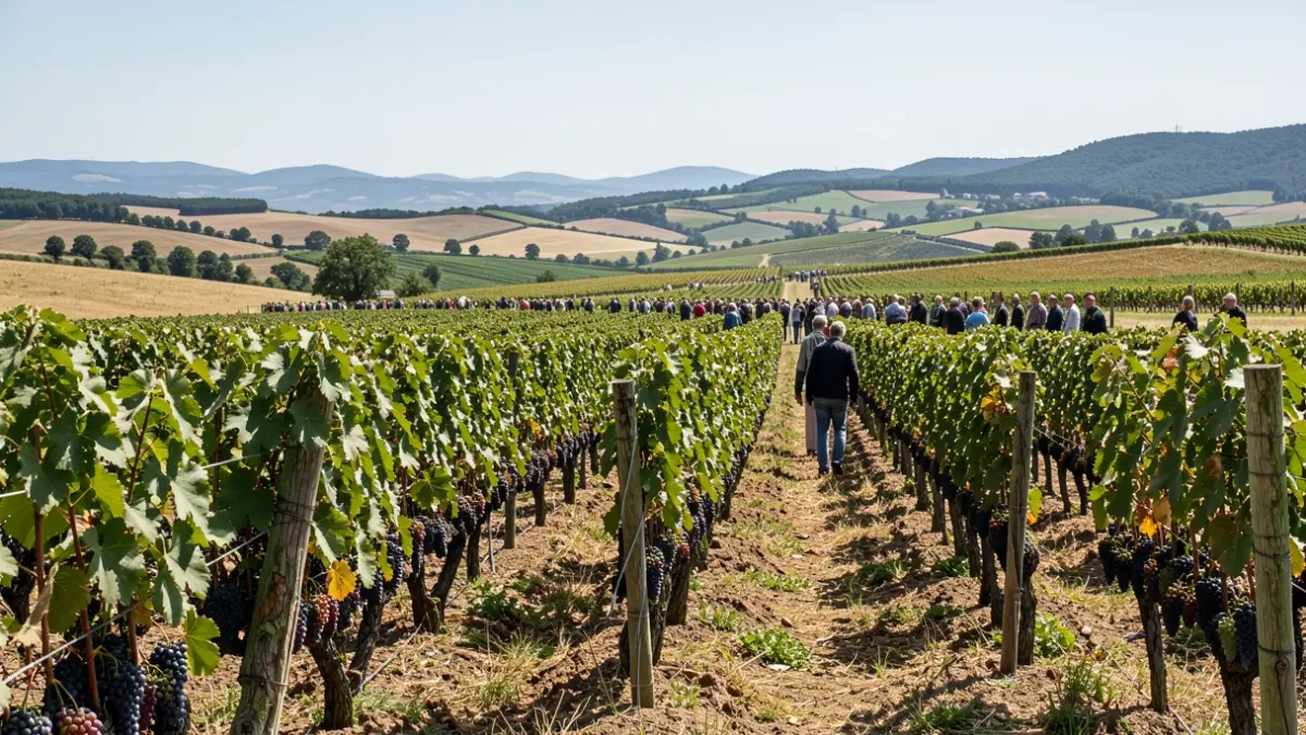 Imaxe xenérica de viñedos en Valdeorras, Galicia, con filas de vides e outeiros ao fondo.