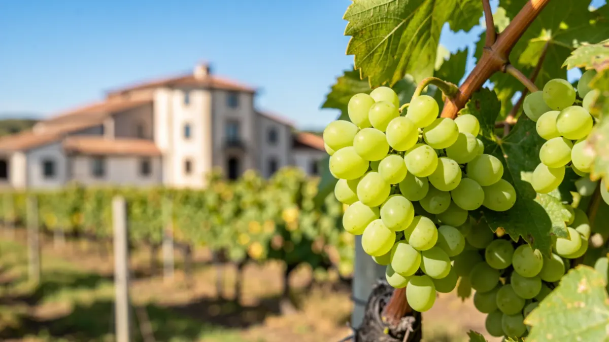Imaxe xenérica de uvas verdes maduras nunha vide, con adega e viñedo ao fondo.