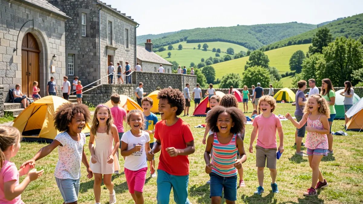 Imaxe xenérica de nenos xogando nun campamento de verán en Galicia con arquitectura de granito.