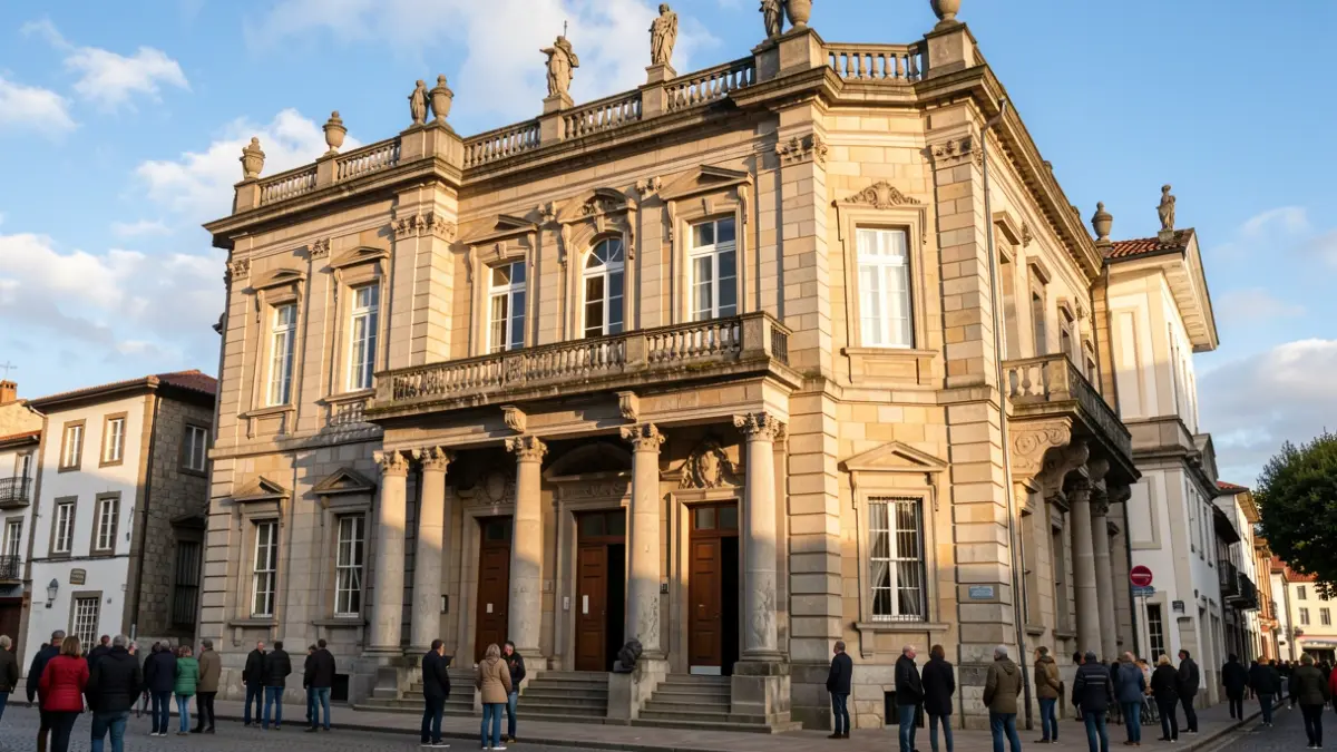 Fachada do Teatro Pastor Díaz en Viveiro, Galicia, con detalles de granito e elementos arquitectónicos ornamentais.