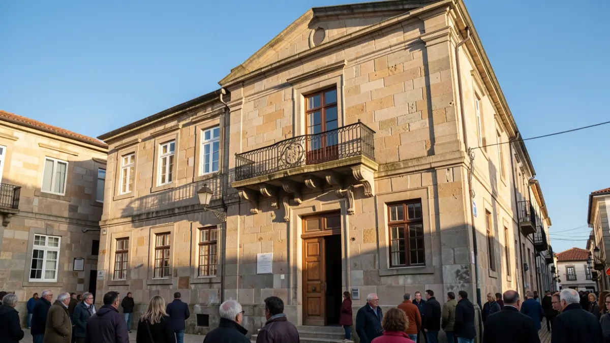 Imaxe xenérica dun concello de granito galego con balcón ornamentado.