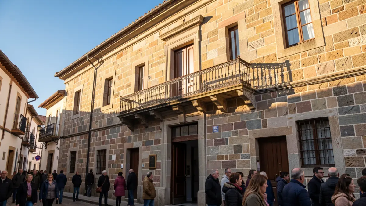 Imagen genérica de un ayuntamiento gallego de piedra con balcón y rejas de hierro, luz solar de tarde.