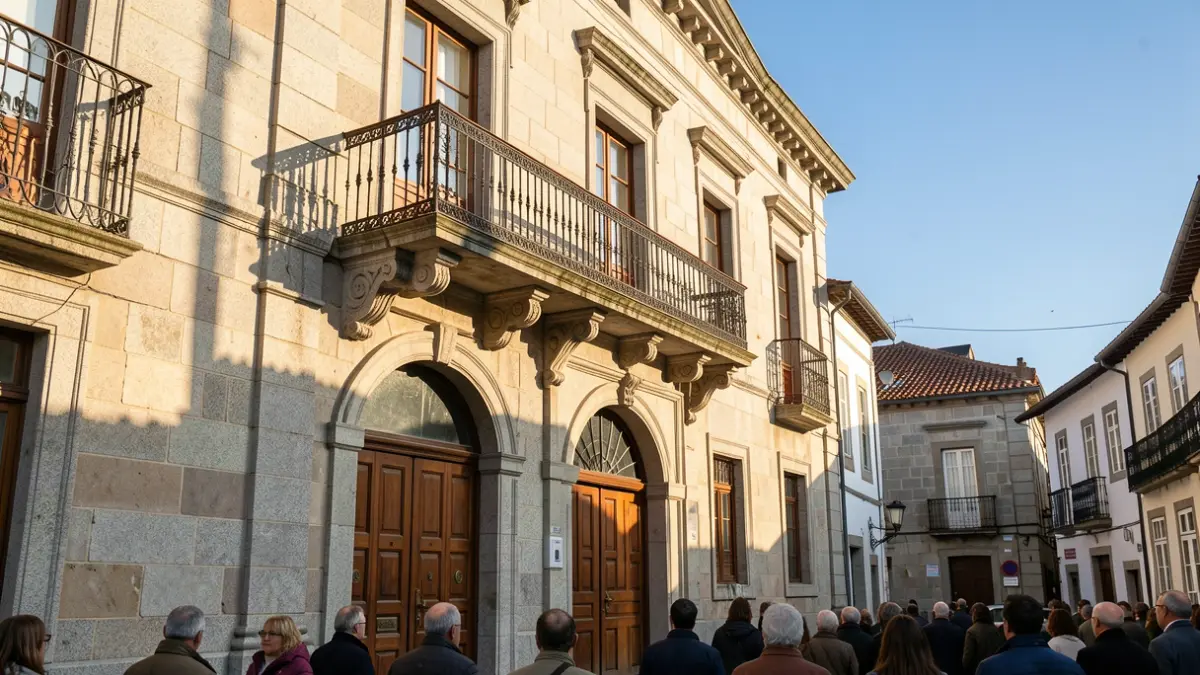 Imaxe xenérica dun concello tradicional galego con balcón de ferro e sol de tarde.