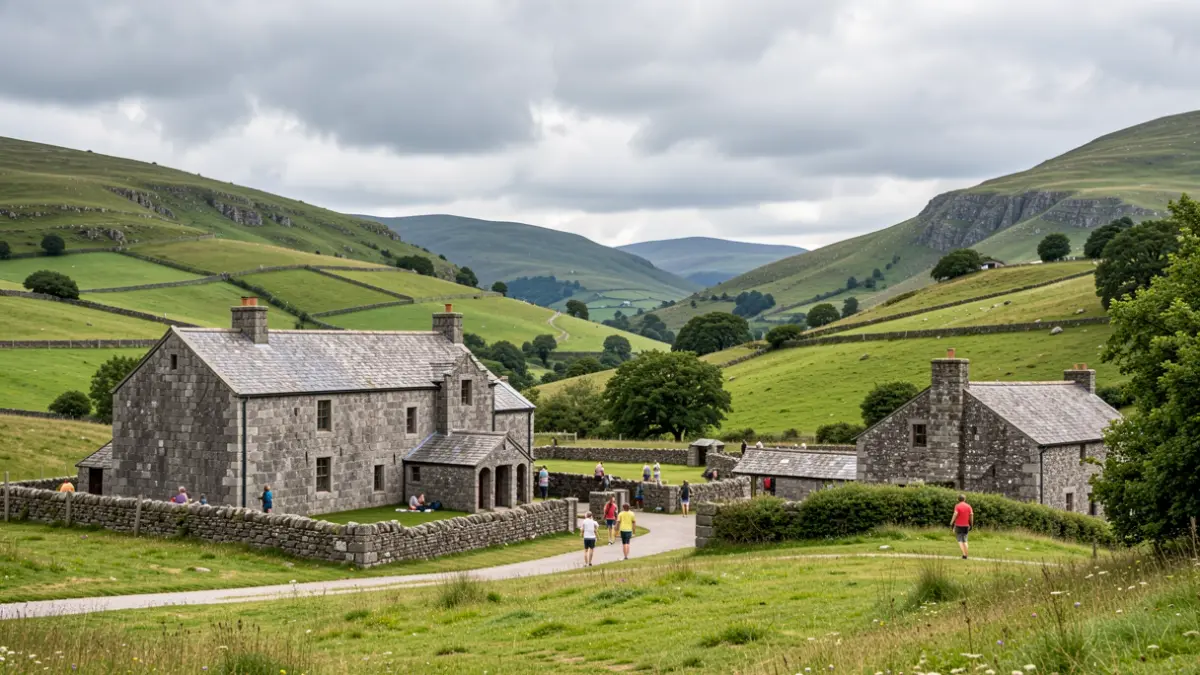 Imaxe xenérica de Galicia con arquitectura de granito e outeiros verdes baixo un ceo nubrado.