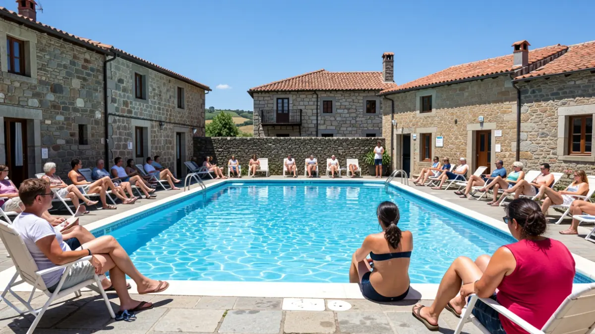 Imagen genérica de personas disfrutando de una piscina municipal en un municipio rural gallego.