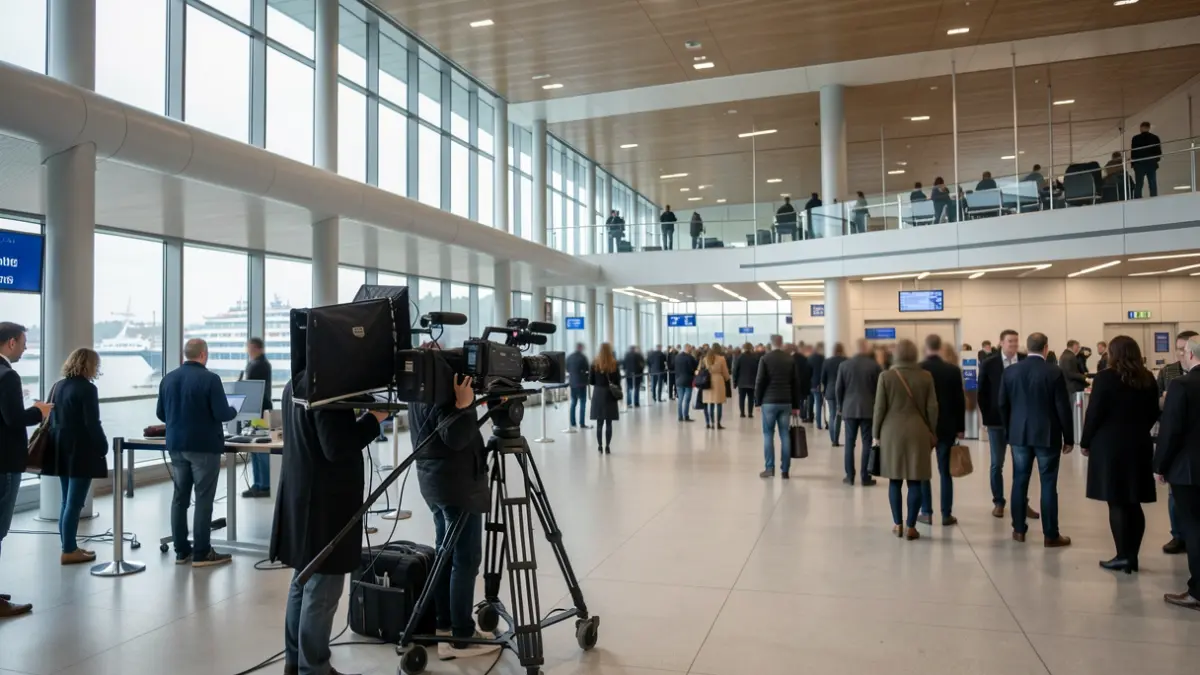 Imagen de un set de rodaje que recrea un control de seguridad aeroportuaria en la Estación Marítima de Vigo.