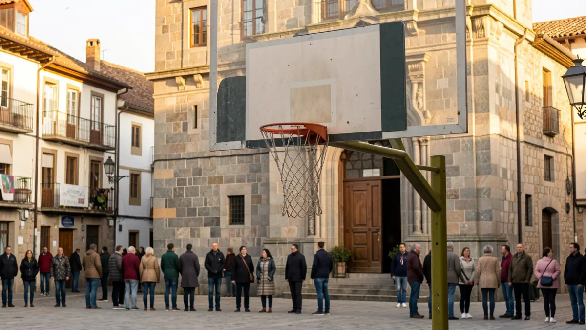 Imaxe xenérica dunha canastra de baloncesto nunha praza galega con arquitectura de granito.