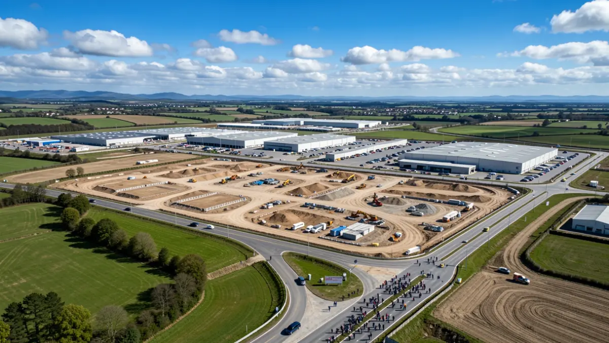 Imaxe aérea dun parque empresarial en desenvolvemento en Galicia.