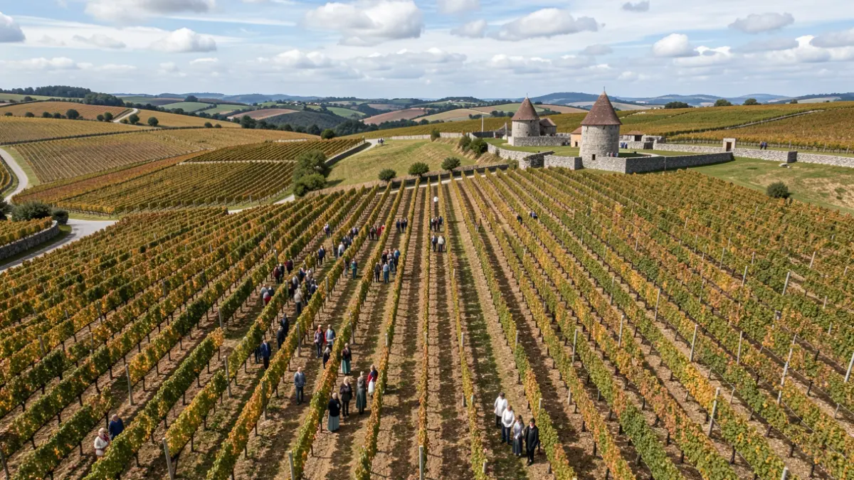 Vista aérea dunha paisaxe de viñedos en Galicia, con ringleiras de vides estendéndose por outeiros baixo un ceo parcialmente nubrado. Murallas de pedra granítica e hórreos tradicionais visibles á distancia.