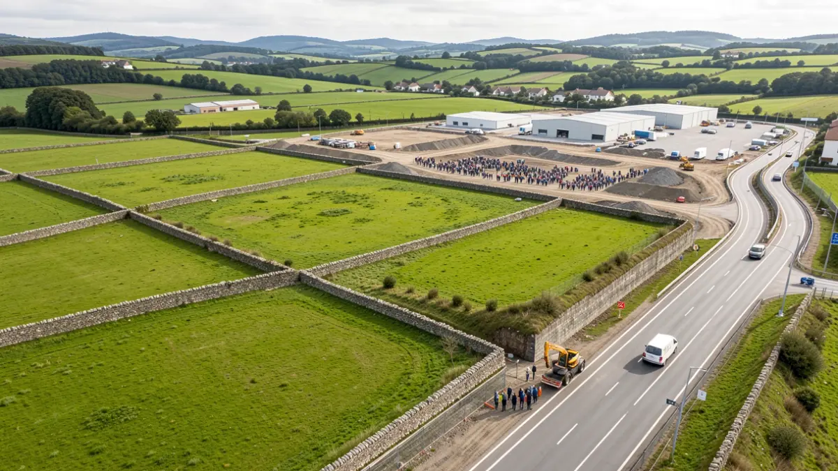 Vista aérea dunha zona de desenvolvemento industrial en Galicia con campos e infraestruturas viarias.