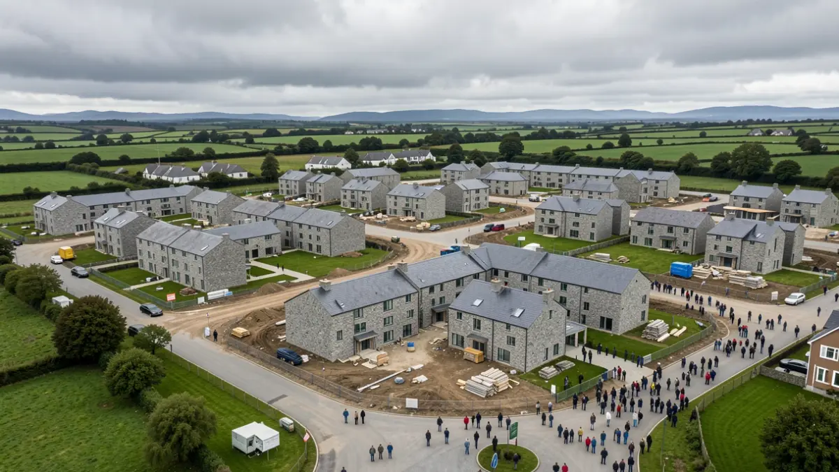 Vista aérea dunha gran zona residencial en construción en Galicia, con edificios de pedra e zonas verdes.