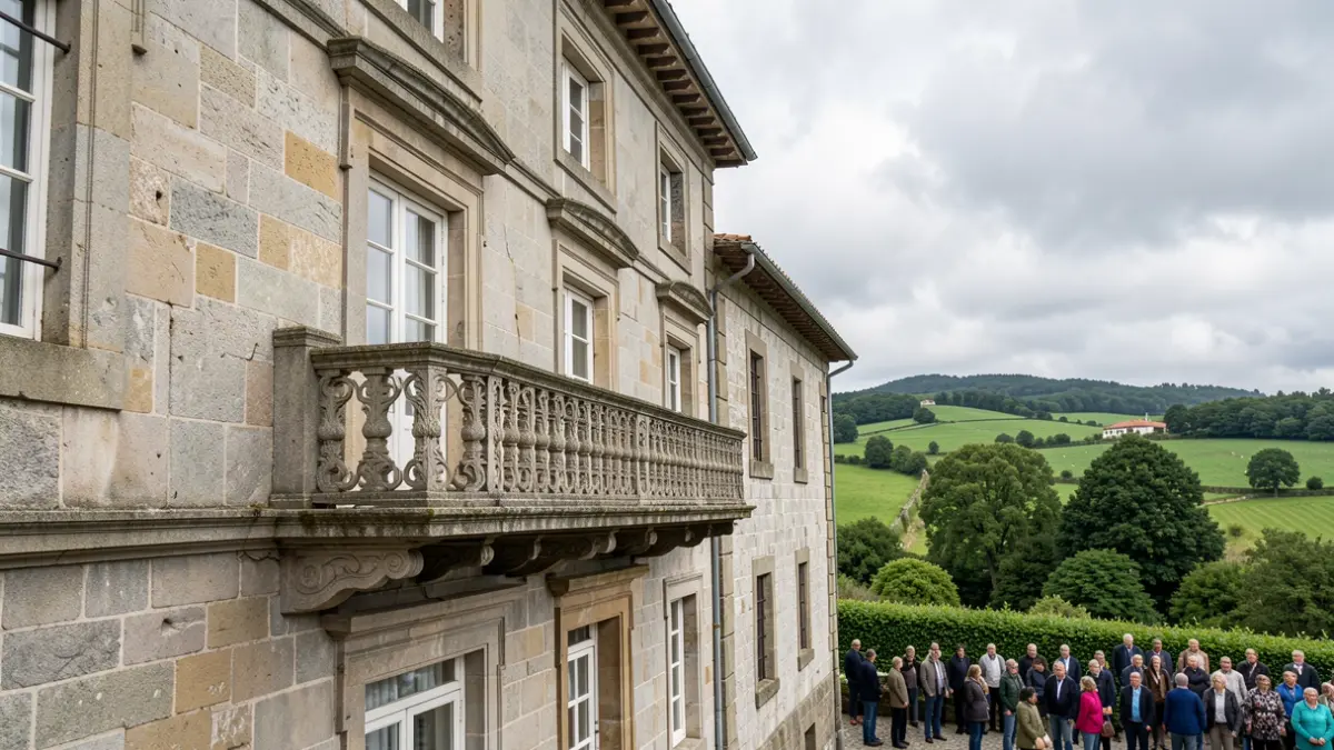 Imaxe xenérica dun edificio de pedra tradicional galego con balcón e paisaxe verde.