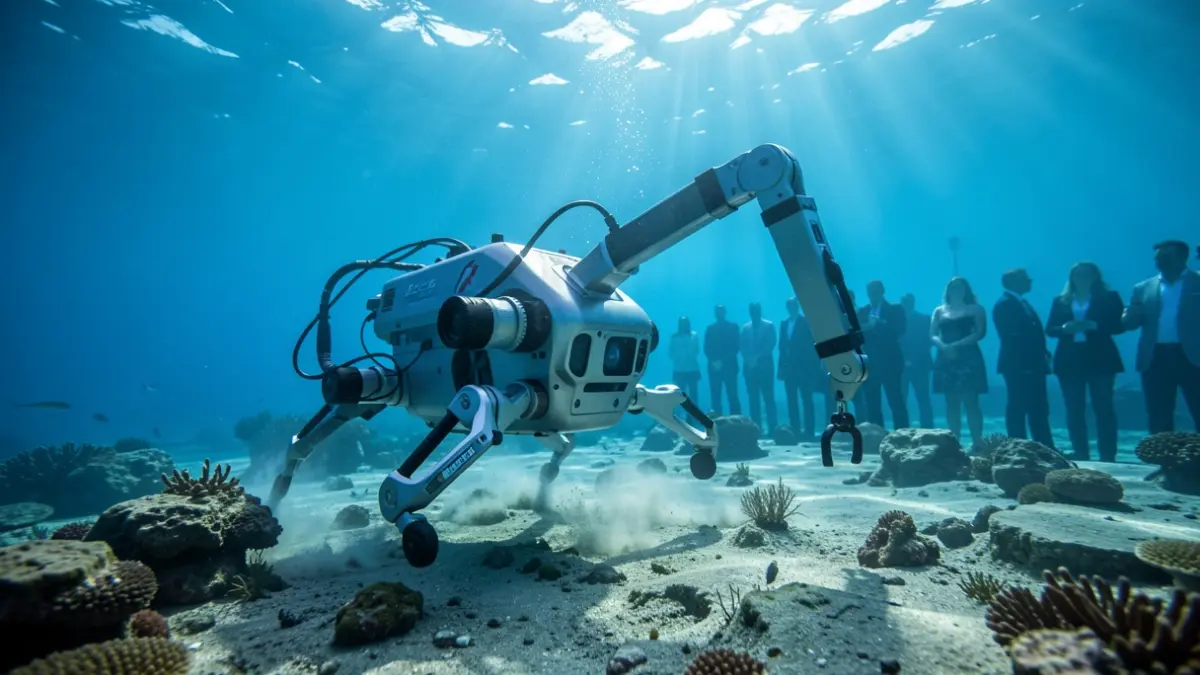 Imaxe dun dron subacuático de alta tecnoloxía explorando o fondo mariño.