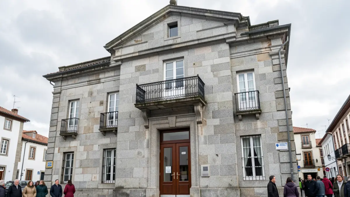 Imaxe xenérica dun concello galego de granito con balcón ornamentado e ceo nubrado.