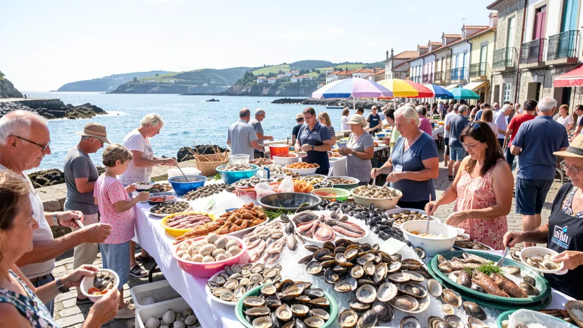 Imagen de una fiesta gastronómica marinera en Aguiño, con abundancia de marisco y gente disfrutando.