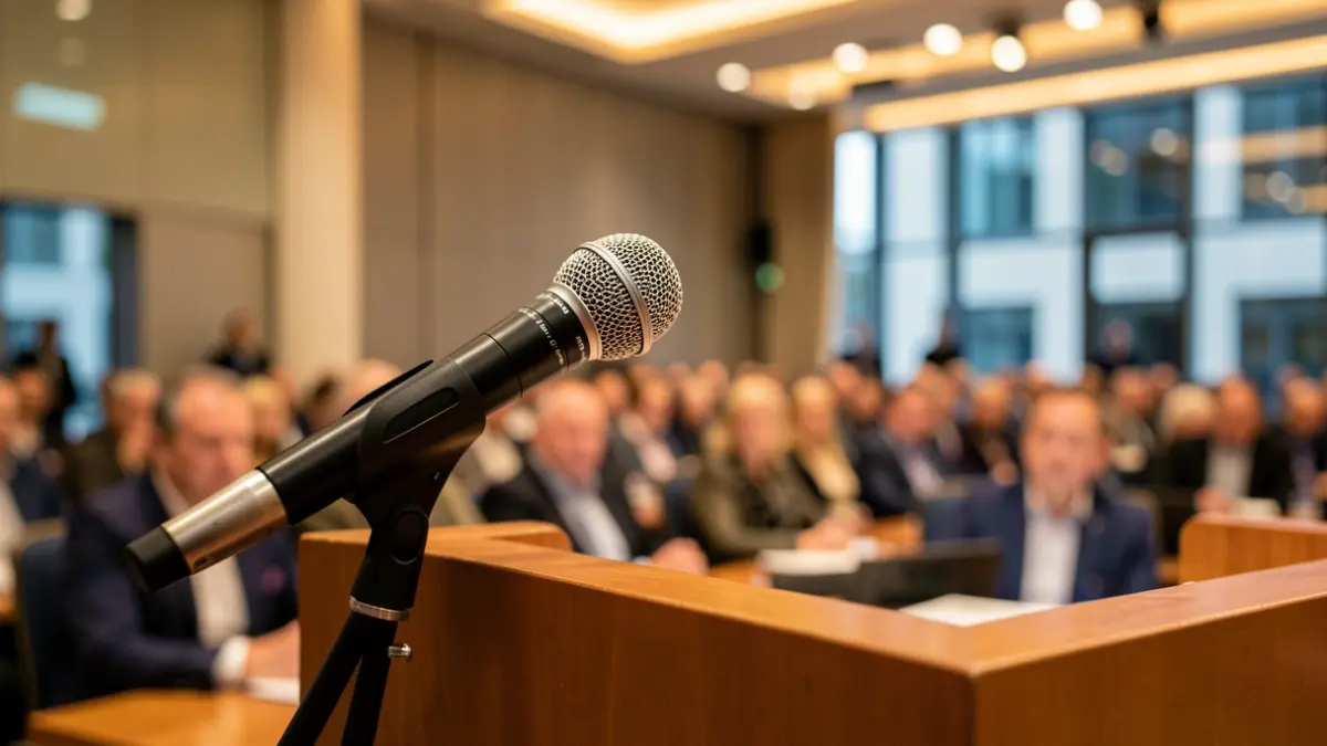 Imaxe xenérica dun micrófono nun atril nunha sala de conferencias.