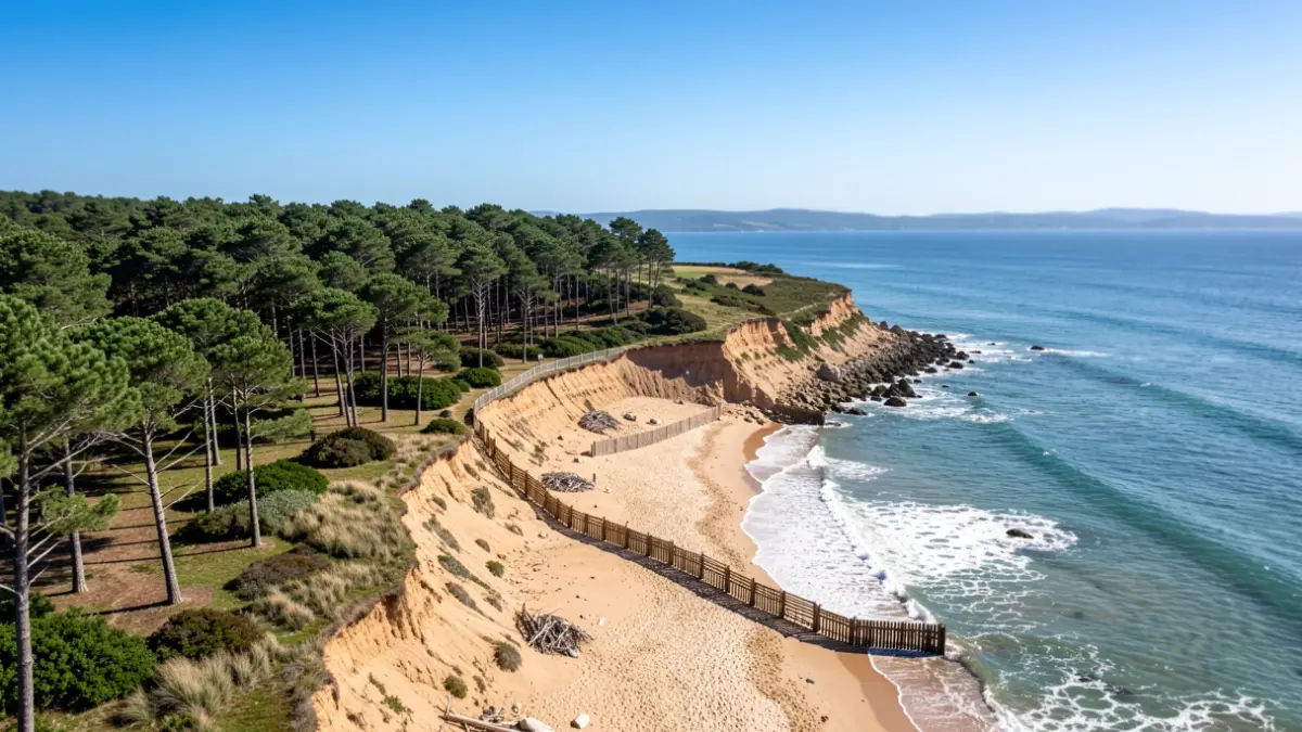 Vista aérea de una costa con playa y pinos protegidos por una nueva barrera de madera.