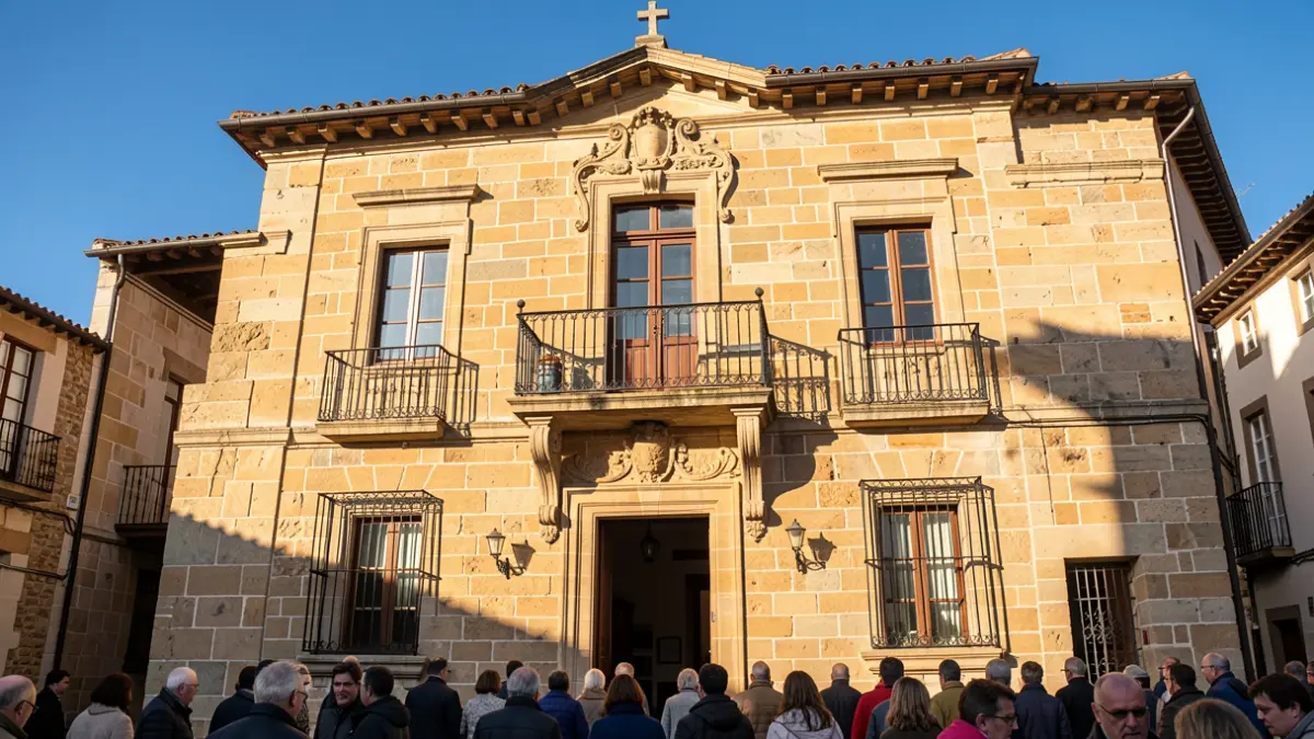 Imagen genérica de un ayuntamiento gallego de piedra con balcón y barandillas de hierro, a la luz del sol de la tarde.