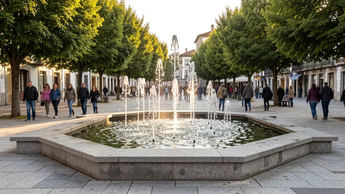 Imagen de una fuente transitable moderna en una plaza pública en Galicia.