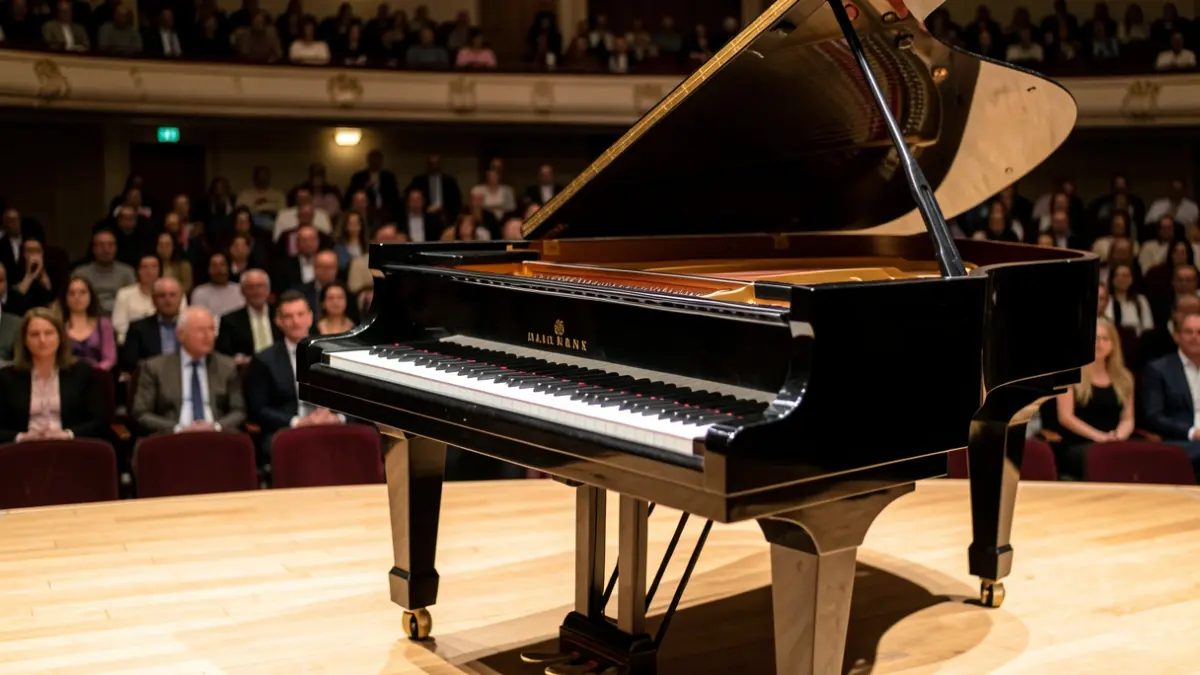 Imagen genérica de un piano en un escenario de concierto.