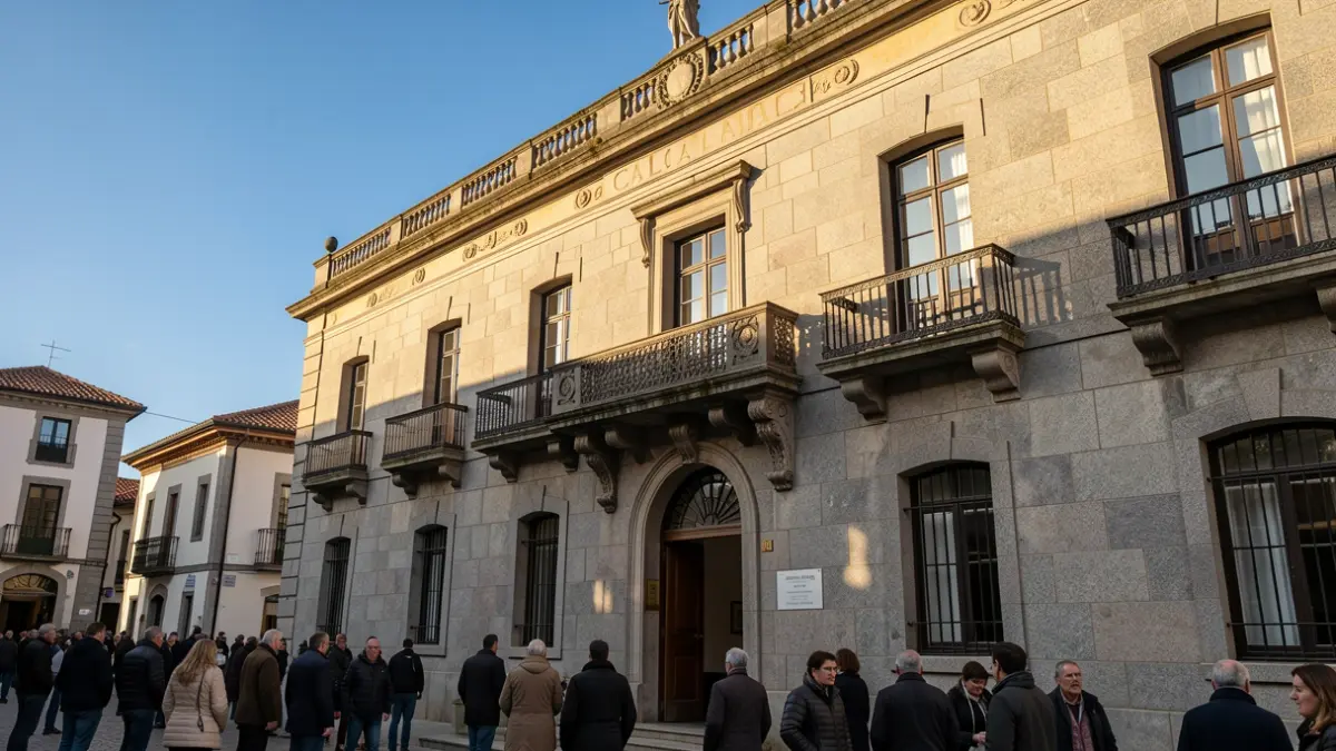 Imaxe dunha casa consistorial de granito galega con balcón ornamentado e reixas de ferro, baixo a luz do sol da tarde.