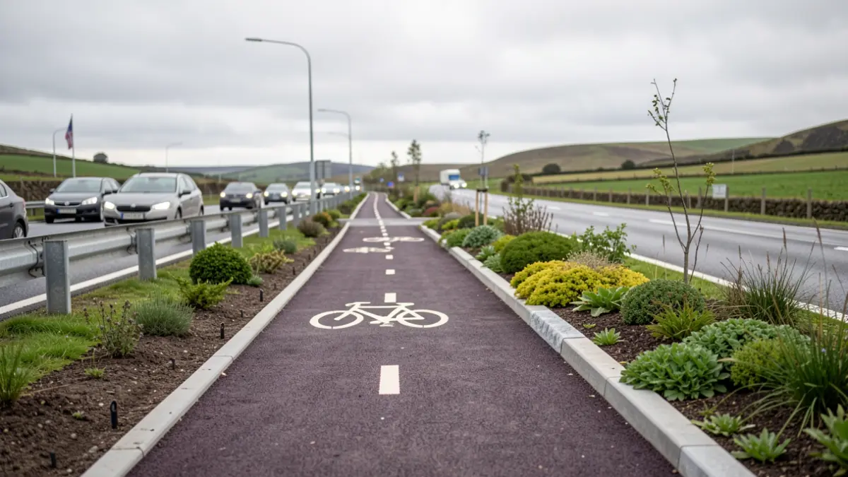 Imaxe dunha nova senda peonil e ciclista en construción na estrada AC-552 en Galicia, con materiais de granito e vexetación.