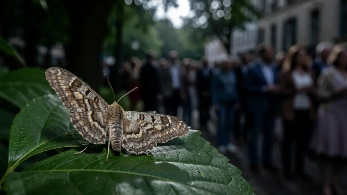 Imagen de una mariposa nocturna posada en una hoja bajo la luz de la luna.