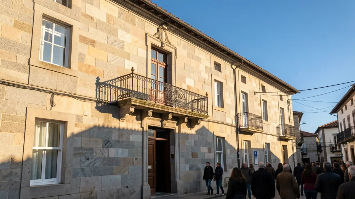 Imagen genérica de un ayuntamiento tradicional gallego de granito con balcón ornamentado.
