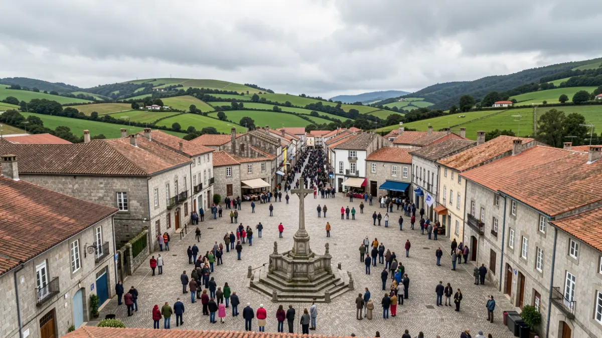 Imaxe xenérica dunha praza galega con edificios de granito e un cruceiro, baixo ceo nubrado.