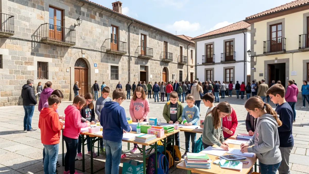 Imaxe dun obradoiro educativo sobre consumo responsable para nenos e mozos nunha praza galega.