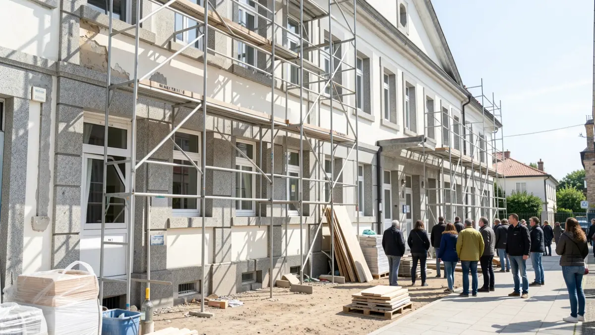 Imaxe xenérica de obras nunha escola infantil pública galega con detalles de granito.