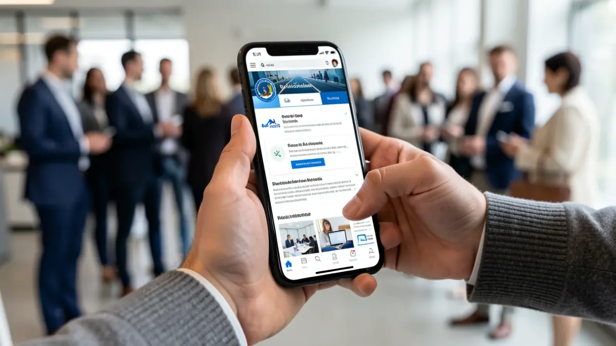 Primer plano de una mano sosteniendo un smartphone con una interfaz web de la administración, mientras otra mano ofrece ayuda.