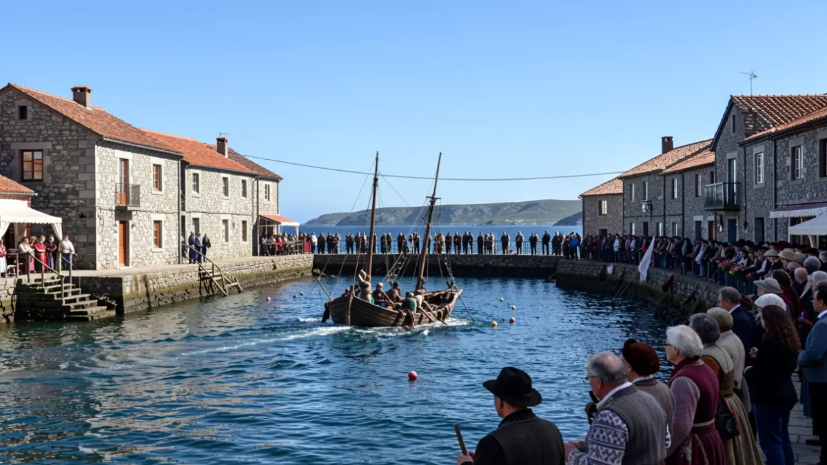 Imagen de una recreación de un naufragio en la fiesta de Laxe, en la Costa da Morte, con un ambiente festivo y marinero.